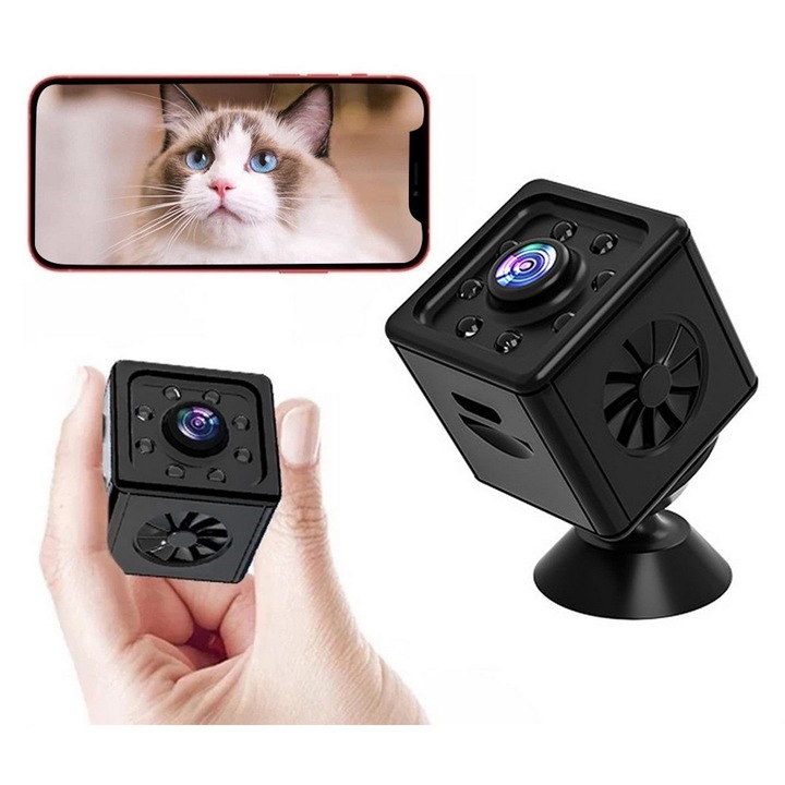 Мини безжична камера за наблюдение K0323-0724-CJ1253, 2.4GHz Wi-Fi, 1080p/720p, нощно виждане, детекция на движение, 400mAh батерия, магнитна, черна, microSD до 128GB