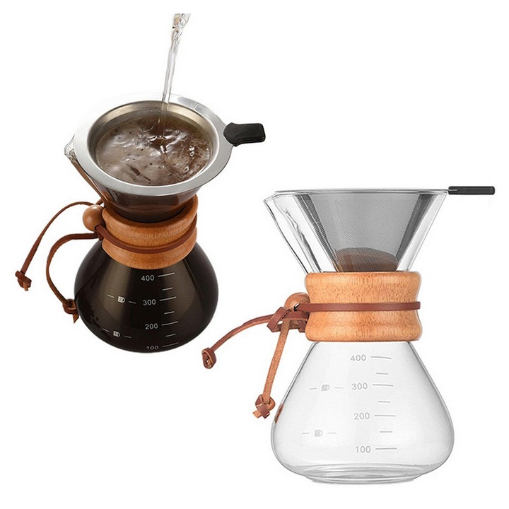 Cafetiera manuala, filtru picurare, sticla transparenta, 400ml, 9.8x5x16.2cm