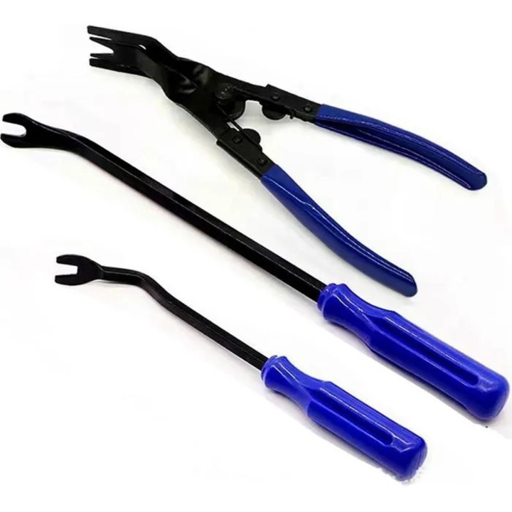 Set de 3 unelte pentru demontare ornamente auto k0312-0725-CD8628, cleste extractoare pentru clipsuri si doua leviere, albastru
