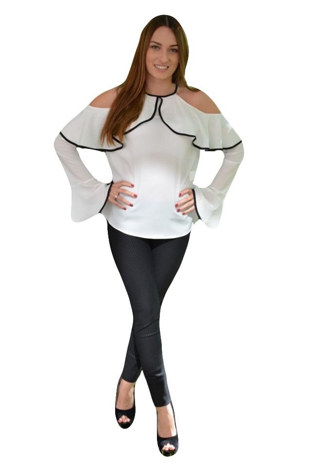 Bluza chic cu umeri goi si maneca lejera, D&J Exclusive, Alb/Negru