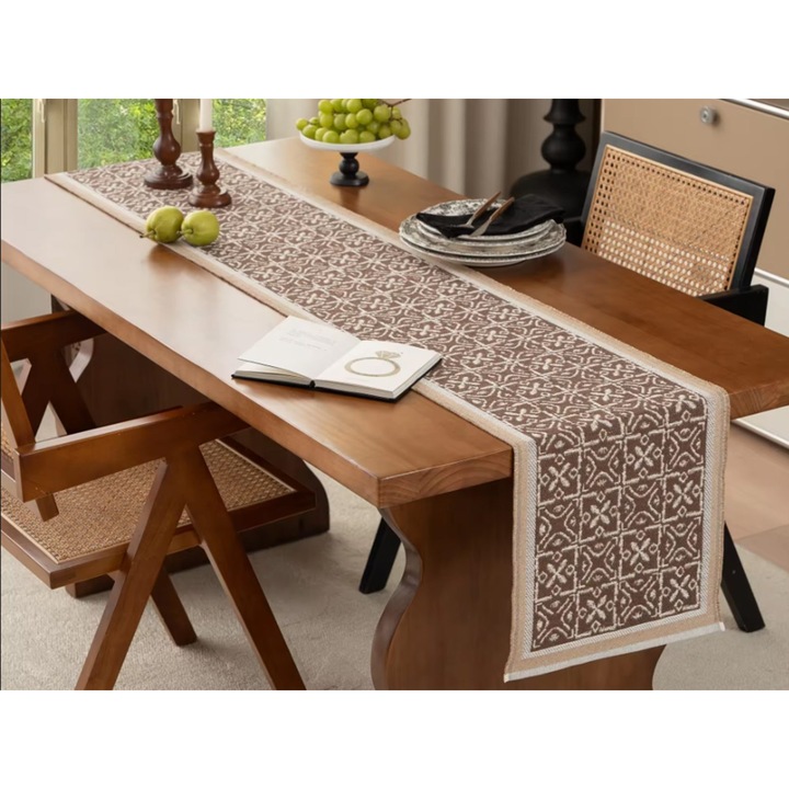 Asztali futó K0323-0724-CJ4736, megfordítható makramé fonott utánzat, 70% poliészter/20% pamut/10% viszkóz, barna, 220 x 35 cm