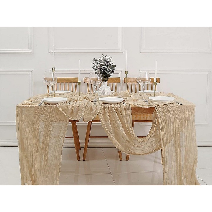 Poliészter tüll asztali futó K0323-0724-CJ1892, pliszírozott (cheesecloth) boho textúra, bézs, 90 x 300 cm