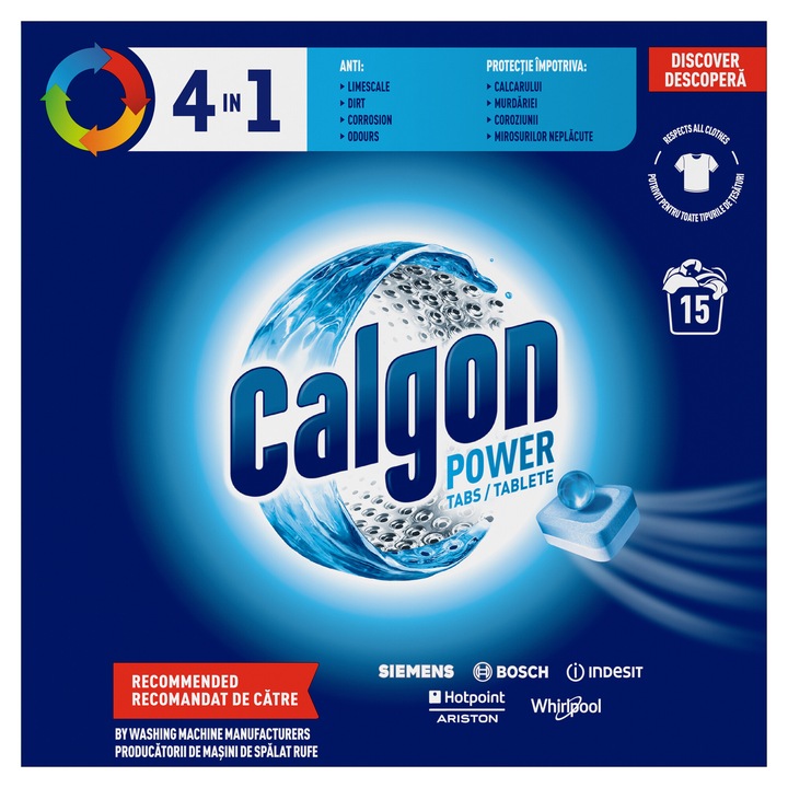 Таблетки срещу котлен камък Calgon 4in1, 15 пранета