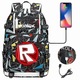 Rucsac laptop din Oxford, cu port USB si compartiment pentru laptop, imprimeu geometric multicolor cu logo, negru/multicolor, 47 x 30 x 15 cm