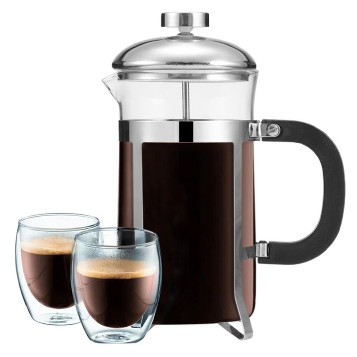 French press din sticla K0323-0724-CJ11977, filtru din otel inoxidabil, argintiu, 1000 ml