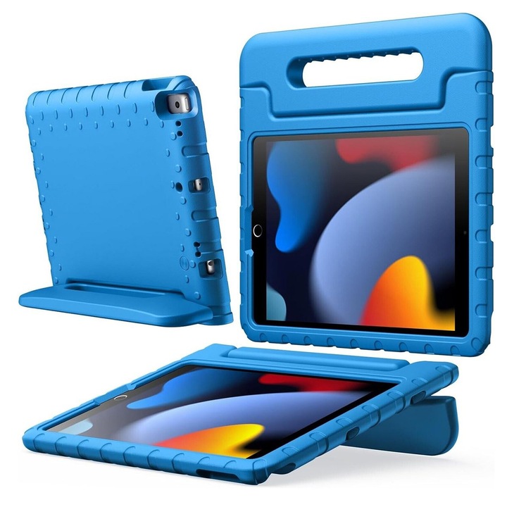 Husa tableta copii, 8.7 inch, spuma EVA, albastru, 22x21x2.2cm, cu suport si maner