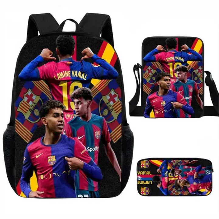 Set ghiozdan 3-in-1 in poliester cu imprimeu FC Barcelona (ghiozdan + geanta pe umar + penar), Multicolor, model PRE-CJk0515-26-0808-7380
