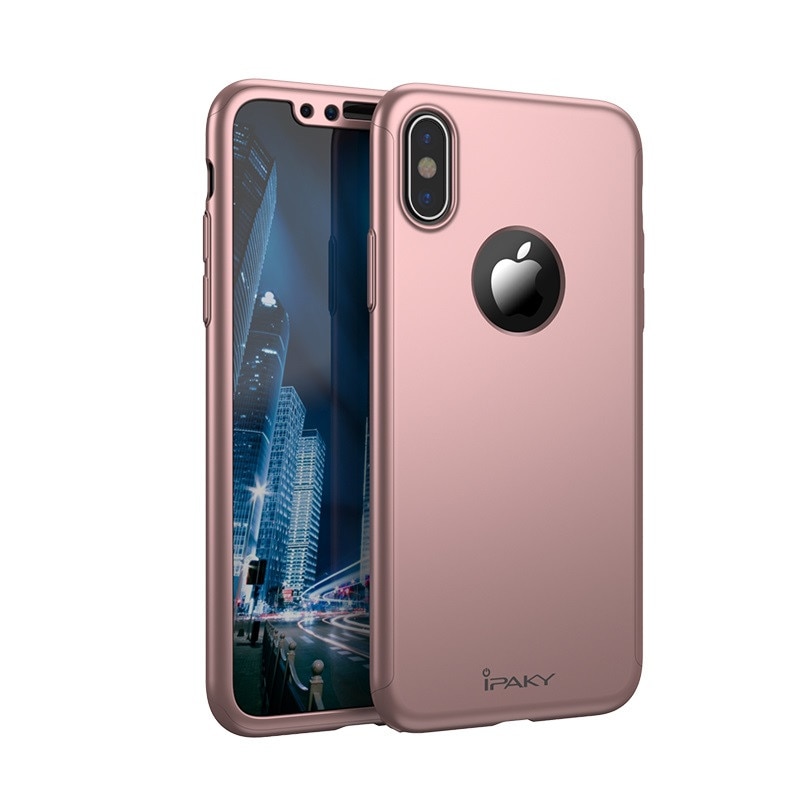 Husa iPaky Iphone X Full Cover 360 + folie sticla securizata, Roz - Auriu