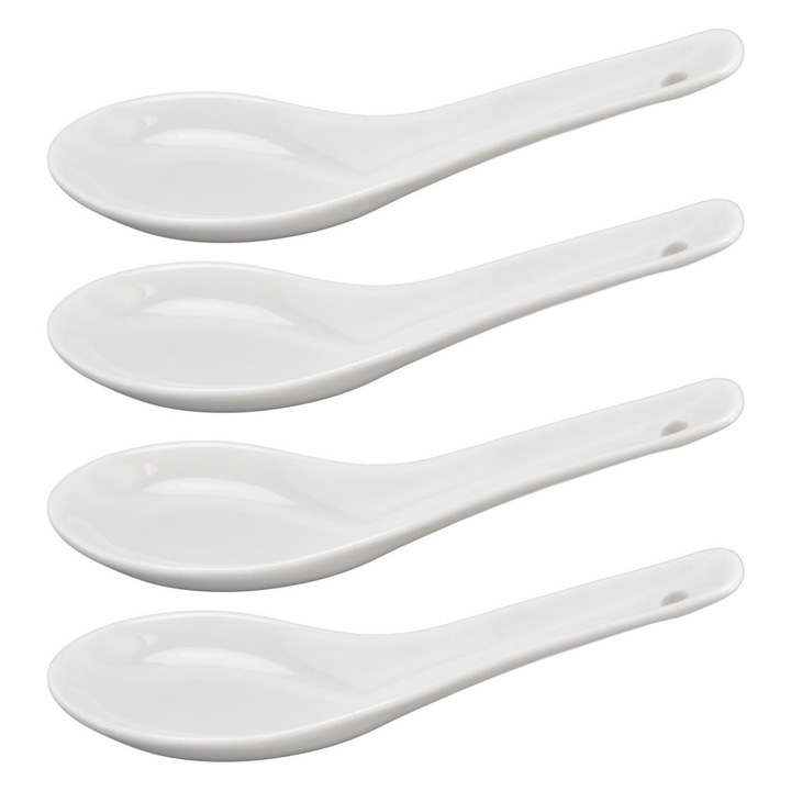 Set 4 linguri ceramice pentru supa, lungi, albe