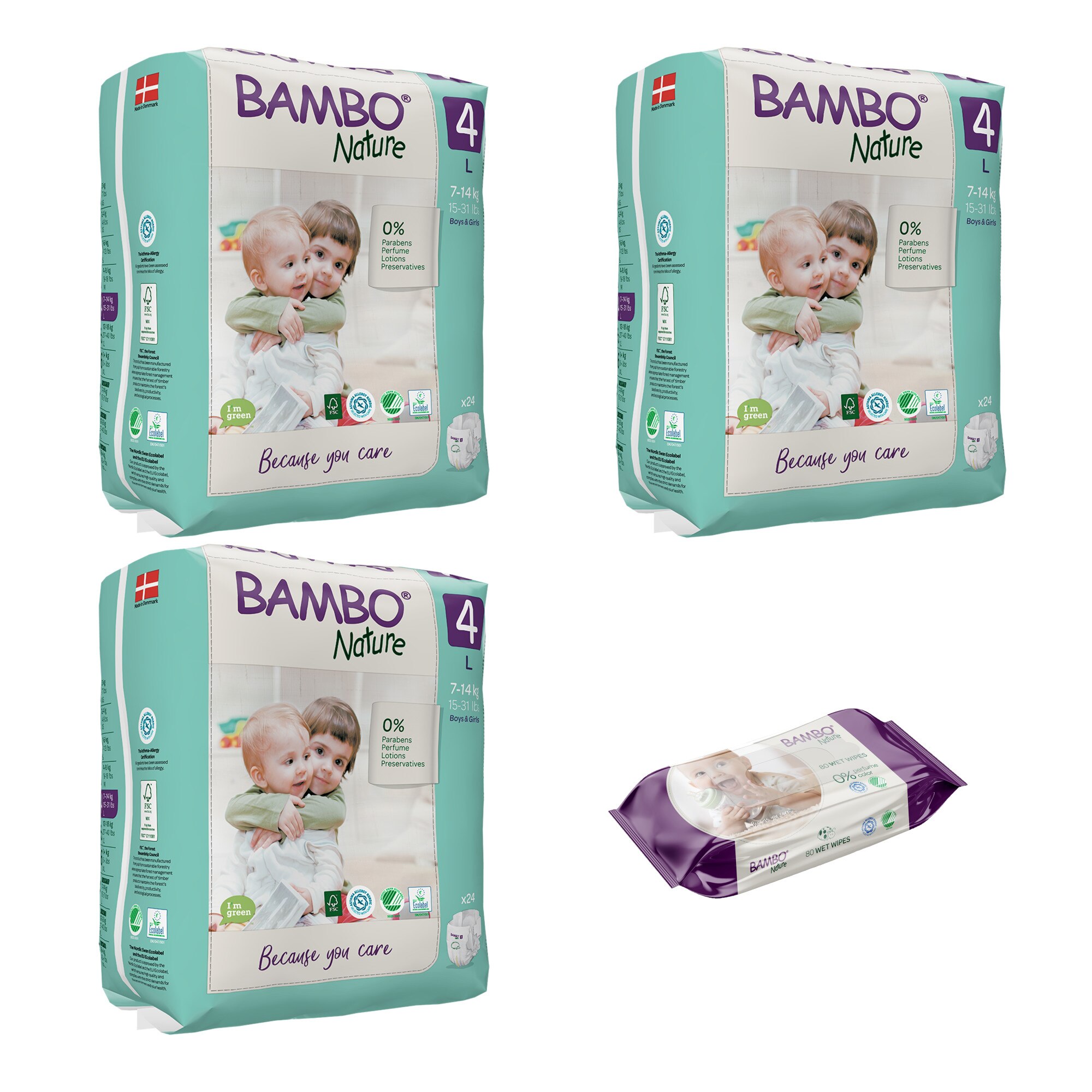 Set 3 pachete, Scutece ECOLOGICE pentru copii BAMBO Nature Maxi, Nr. 4, 7 - 14 kg, 72 buc + cadou servetele umede BAMBO Nature, 80 buc