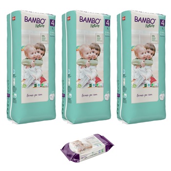 Set 3 pachete, Scutece pentru copii BAMBO Nature Maxi, Nr. 4, 7 - 14 kg, 144 buc + cadou servetele umede BAMBO Nature, 80 buc Set 3 pachete, Scutece pentru copii BAMBO Nature Maxi, Nr. 4, 7 - 14 kg, 144 buc + cadou servetele umede BAMBO Nature, 80 buc