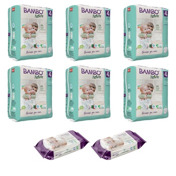 Set 6 pachete, Scutece pentru copii BAMBO Nature Maxi, Nr. 4, 7 - 14 kg, 144 buc + cadou servetele umede BAMBO Nature, 160 buc Set 6 pachete, Scutece pentru copii BAMBO Nature Maxi, Nr. 4, 7 - 14 kg, 144 buc + cadou servetele umede BAMBO Nature, 160 buc