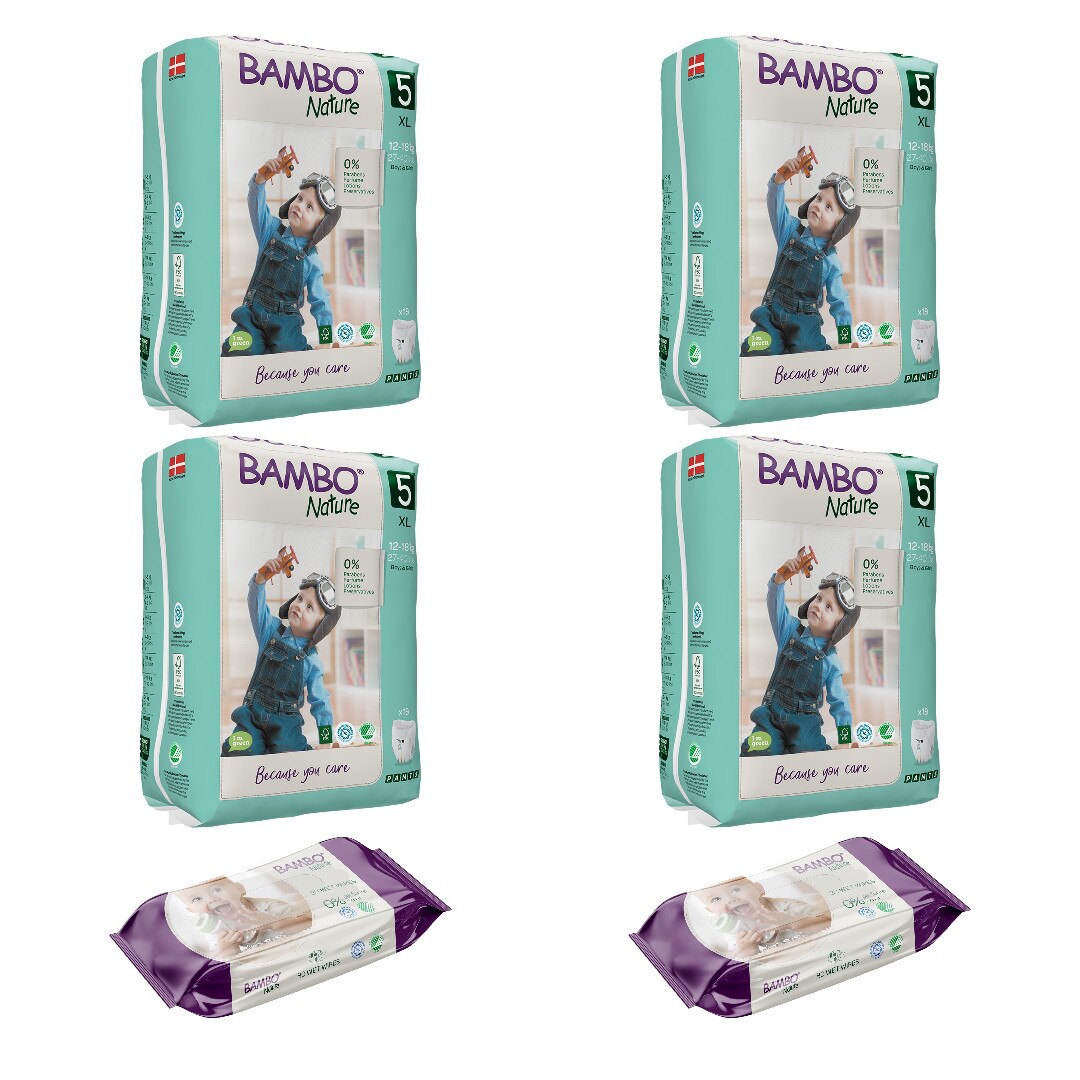 Pachet chilotei pentru copii BAMBO Nature Pants Junior, Nr. 5, 12 - 18 kg, 76 buc si servetele umede BAMBO Nature, 160 buc