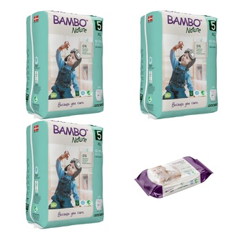 Set 3 pachete, Chilotei pentru copii BAMBO Nature Pants Junior, Nr. 5, 12 - 18 kg, 57 buc + cadou servetele umede BAMBO Nature, 80 buc Set 3 pachete, Chilotei pentru copii BAMBO Nature Pants Junior, Nr. 5, 12 - 18 kg, 57 buc + cadou servetele umede BAMBO Nature, 80 buc