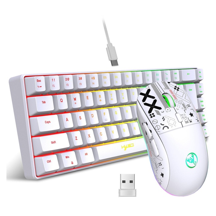 Set tastatura membrana mini K68 RGB si mouse wireless mecanic RGB 3600DPI, negru