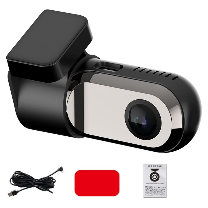 Camera auto de bord K0345-0716-TDCJ-xw6742, 720P, unghi 140°, lentila rotativa 360°, Night Vision, ADAS (avertizare coliziune/plecare banda), USB, microSD pana la 64GB, negru, cablu 2.8m