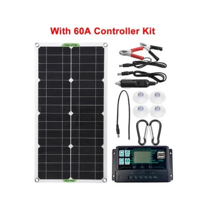 Kit panou solar 50W 100A, controller dual USB, 550x290x30mm, negru