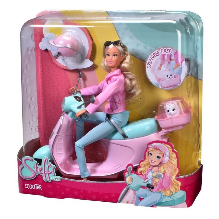 Set papusa Steffi cu scuter si accesorii, Simba, roz si turcoaz, 29cm