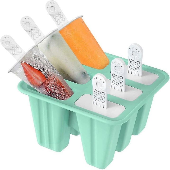 Forma de inghetata, 6 cavitati, silicon alimentar, verde, 14x12.5x9cm, set cu betisoare