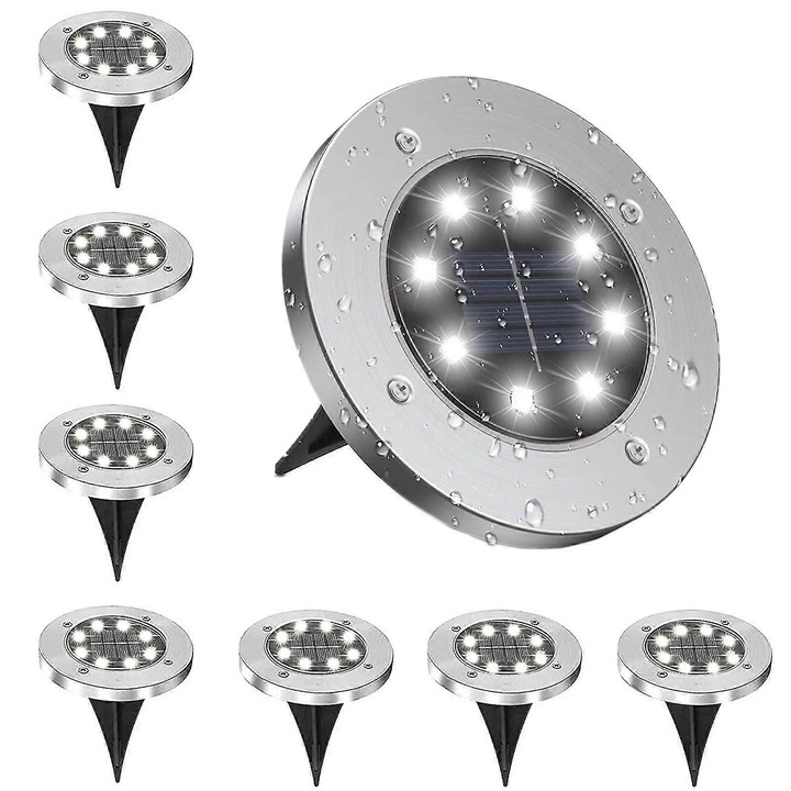 Lampi solare de gradina, 8 LED, IP65, alb, 6000K, 8 buc, 600mAh, inoxidabil