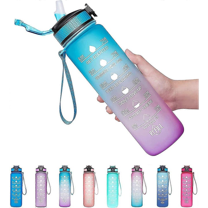Sticla apa 946ml, cu marcaje timp, capac flip, verde mov ombre