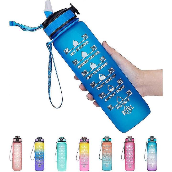 Sticla apa 946ml, albastru, cu marcaje timp si pai, etansa, fara BPA
