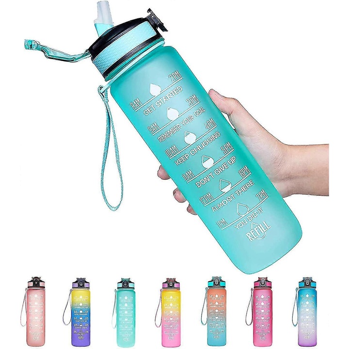 Sticla apa 946ml cu marcaje timp, capac cu blocare, verde menta