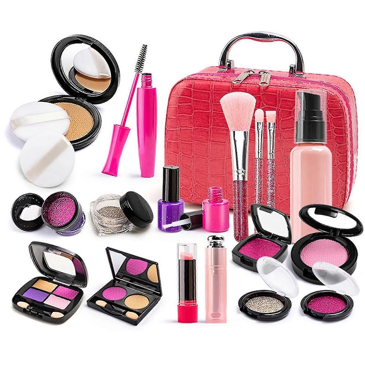 Set machiaj copii, 21 piese, portabil, roz, 3+ ani