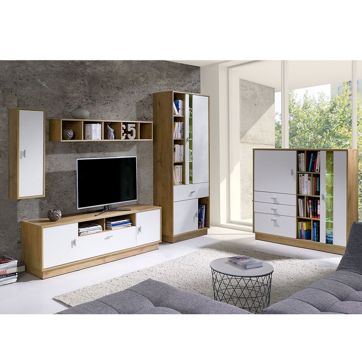 Set Biblioteca Ola2 Genarom, cu Lumini, Stejar Lefkas/Alb