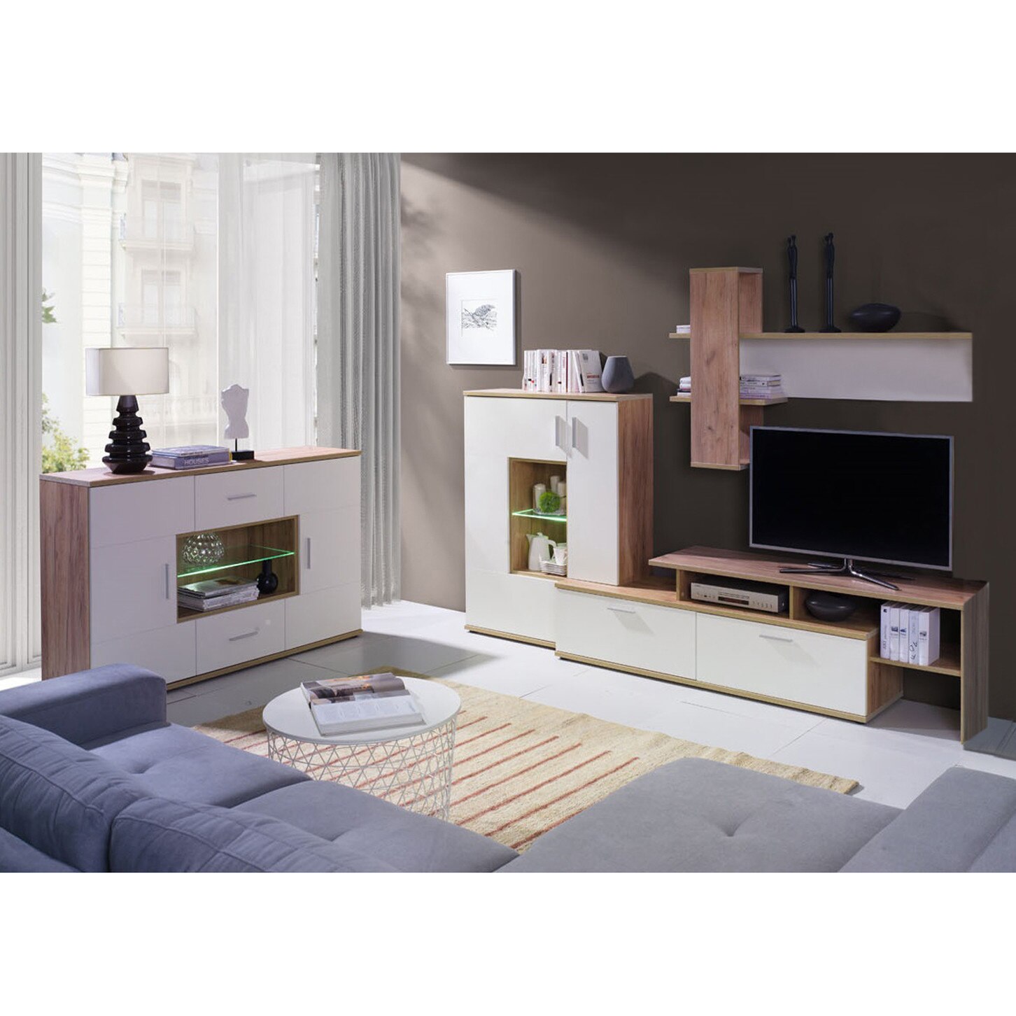 Set Biblioteca Geani2 Genarom, cu Lumini, Dab Zloty/Crem