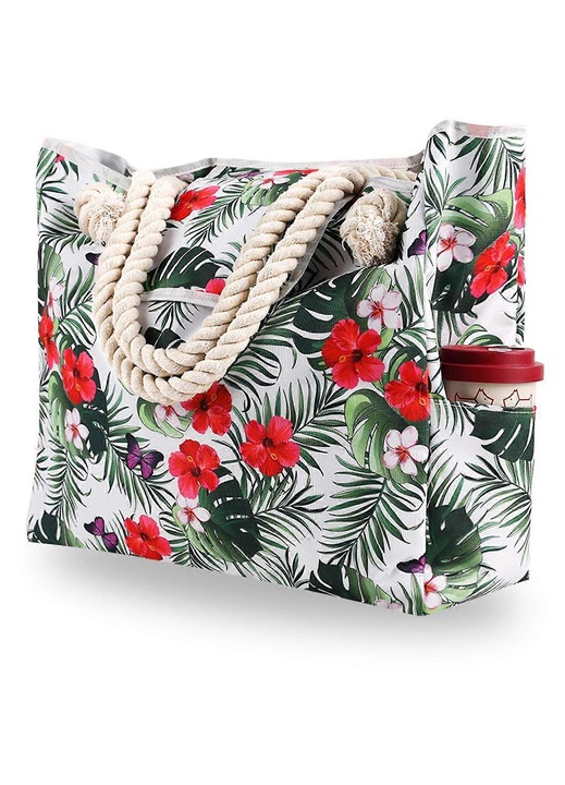 Geanta de plaja mare pliabila, material EVA, verde cu frunze, 50x40x20cm