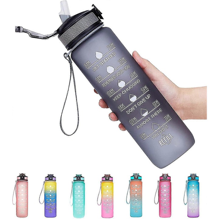 Sticla apa 946ml cu marcaj timp, capac flip, gri