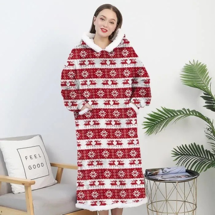 Patura cu gluga flanel, poliester, maneci lungi, 150x150cm, iarna