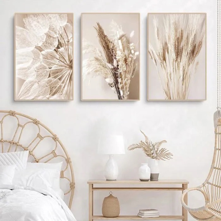 Set 3 tablouri perete, stil boho, bej, 50x70cm, neincadrate