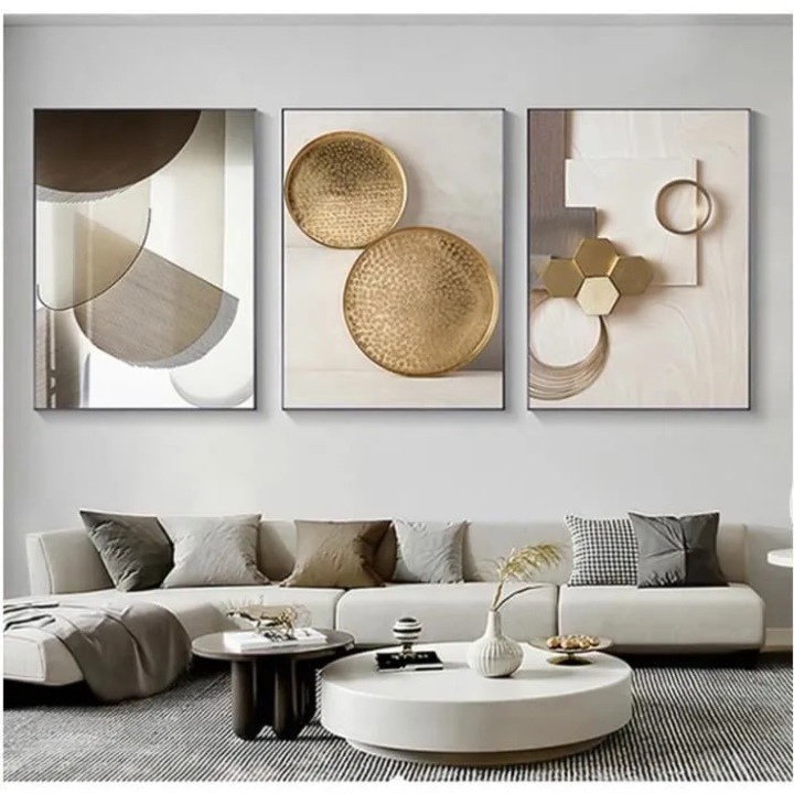 Set 3 tablouri canvas bej auriu 40x60cm abstract geometric marmura