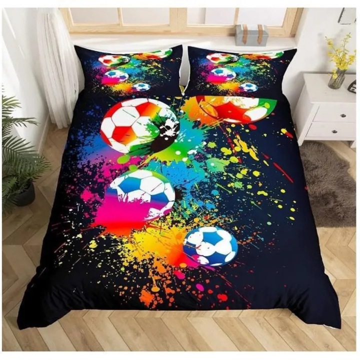 Set lenjerie pat, tematica fotbal, multicolor, 140x200cm