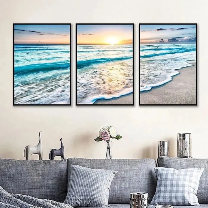 Set 3 postere tablouri, vedere mare, rasarit plaja, multicolor, 30x40cm
