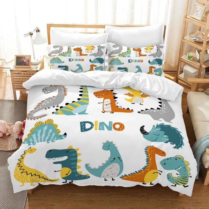 Set lenjerie pat microfibra, model dinozaur, 240x260cm, 3 piese
