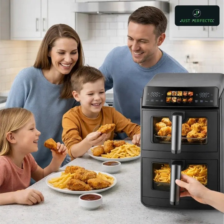 Friteuza Philips Dual Basket seria 5000, NA550/00, 9 l, 2 sertare, functie de sincronizare, tehnologie rapida a aerului, cu 99% mai putina grasime si economie de energie, gri