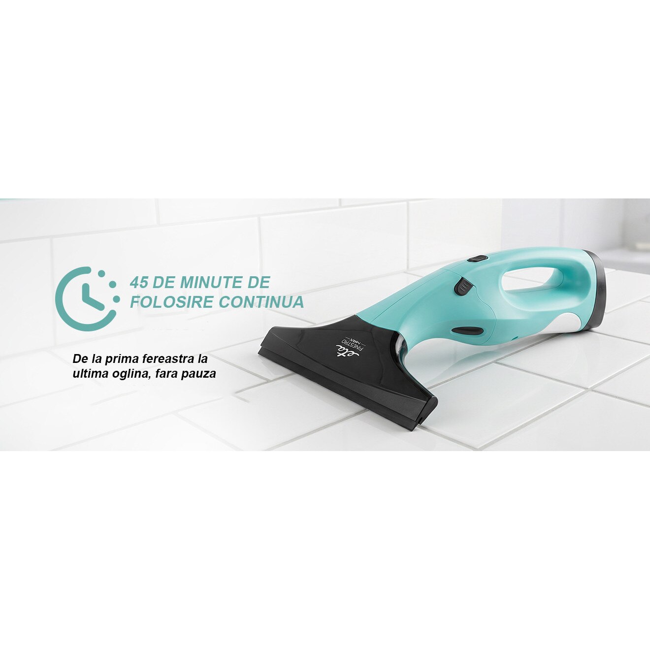 Aspirator de curatat geamuri ETA Finestro Max 5262 90000, acumulator Li-Ion 3,7 V / 2200 mAh, autonomie 45 minute, maner extensibil