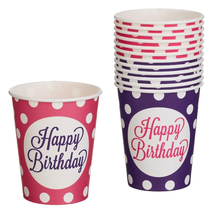 Fukszia Lila Pöttyös "Happy Birthday" Papír Parti Poharak 240ml - 12db