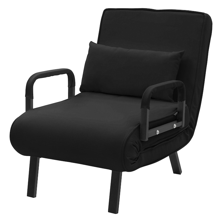 ML-Design Fotoliu pat extensibil modern 3 in 1 cu spatar reglabil si perna, fotoliu pliabil transformabil cu 6 pozitii inclinabile (100° la 180°), canapea pentru oaspeti cu cadru din otel, tapiterie chenila, culoarea neagra pentru living, dormitor