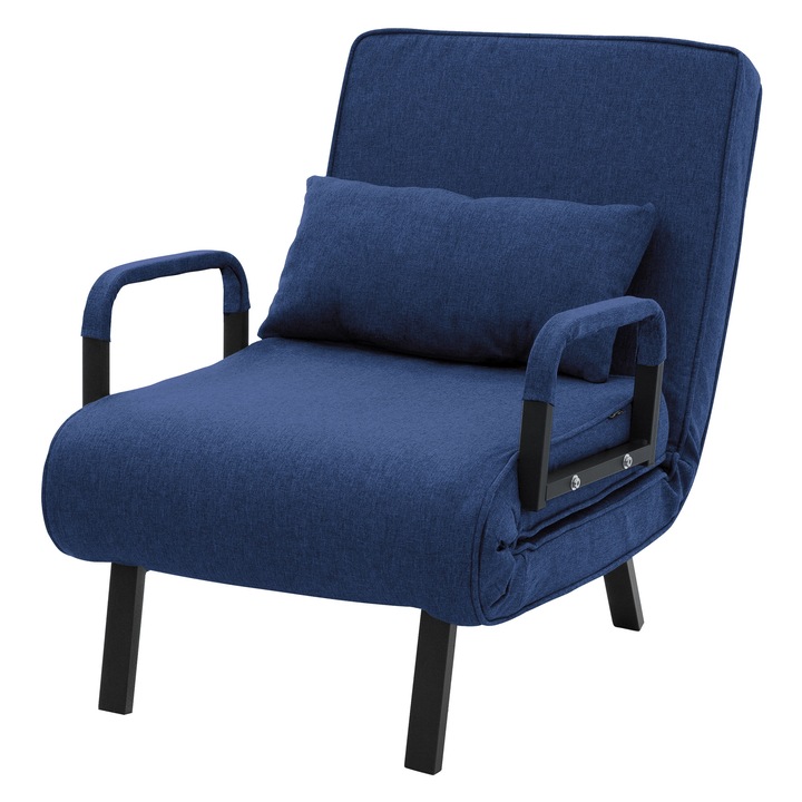 ML-design Fotoliu pat extensibil modern 3 in 1 cu spatar reglabil si perna, fotoliu pliabil transformabil cu 6 pozitii inclinabile (100° la 180°), canapea pentru oaspeti cu cadru din otel, tapiterie chenila, culoarea albastru pentru living, dormitor