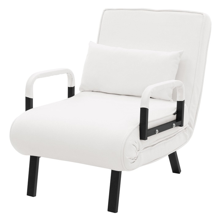 ML-Design Fotoliu pat extensibil modern 3 in 1 cu spatar reglabil si perna, fotoliu pliabil transformabil cu 6 pozitii inclinabile (100° la 180°), canapea pentru oaspeti cu cadru din otel, tapiterie chenila, culoarea alba pentru living, dormitor