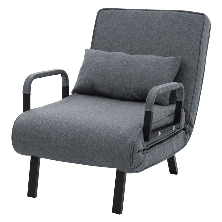 ML-Design Fotoliu pat extensibil modern 3 in 1 cu spatar reglabil si perna, fotoliu pliabil transformabil cu 6 pozitii inclinabile (100° la 180°), canapea pentru oaspeti cu cadru din otel, tapiterie chenila, culoarea antracit pentru living, dormitor