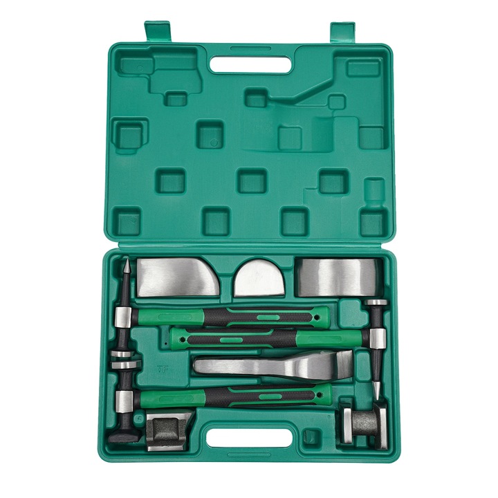 Set 9 piese scule manuale pentru reparat caroserii, otel 45# forjat, verde, 42 x 29.6 x 8 cm