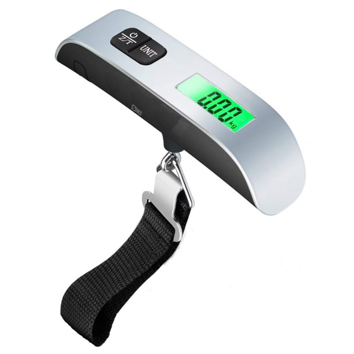 Cantar Digital De Mana Pentru Bagaje Portabil SIKS, Capacitate Maxima 50 Kg, Indicator Suprasarcina, Afisaj LCD, Functie Tare, Schimbare Unitate De Masura, Curea De Prindere Ajustabila, Pentru Calatorii, Hotel, Avion, Vacanta, Baterie Inclusa, Argintiu