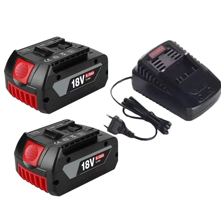 Acumulator Li‑ion 18V 8.0Ah, set 2 buc. cu incarcator rapid inclus, negru/rosu