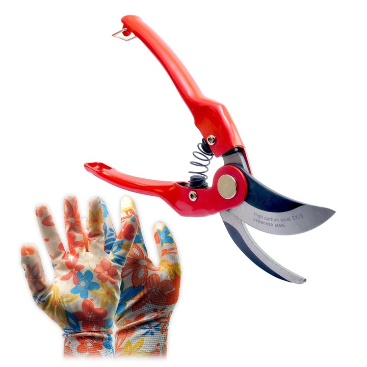 Градински ножици XTLINE, Bypass, Стомана SK5, Включени латексови ръкавици