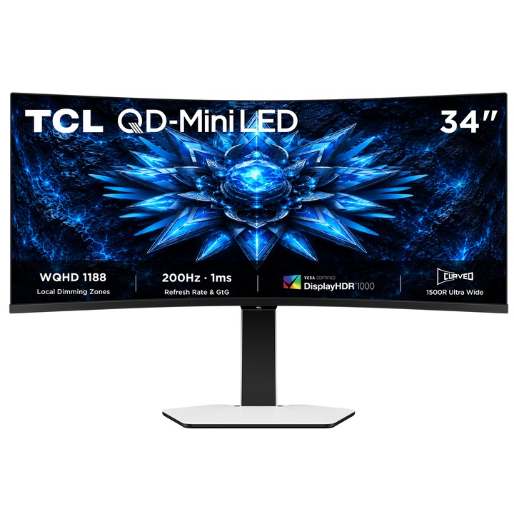 Monitor Gaming Curbat TCL QD-Mini LED 34C2A, 34", WQHD (3440x1440)/200Hz, 1ms GTG, G-Sync Compatible, FreeSync Premium, Smart Shadow Boost, HDR 1000, HDMI, DP, VESA 100x100mm, Rotating&Lifting, USB Type-C 90W, Alb